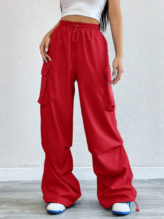 Coolane Red Flap Pocket Side Drawstring Waist Cargo Pants