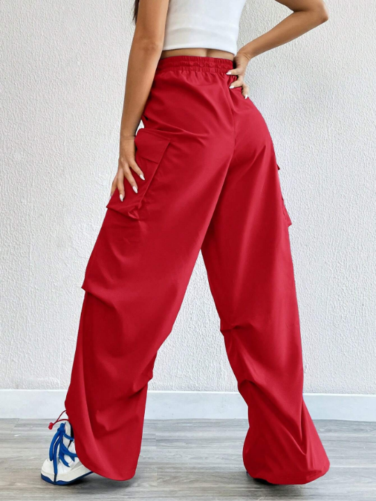 Coolane Red Flap Pocket Side Drawstring Waist Cargo Pants