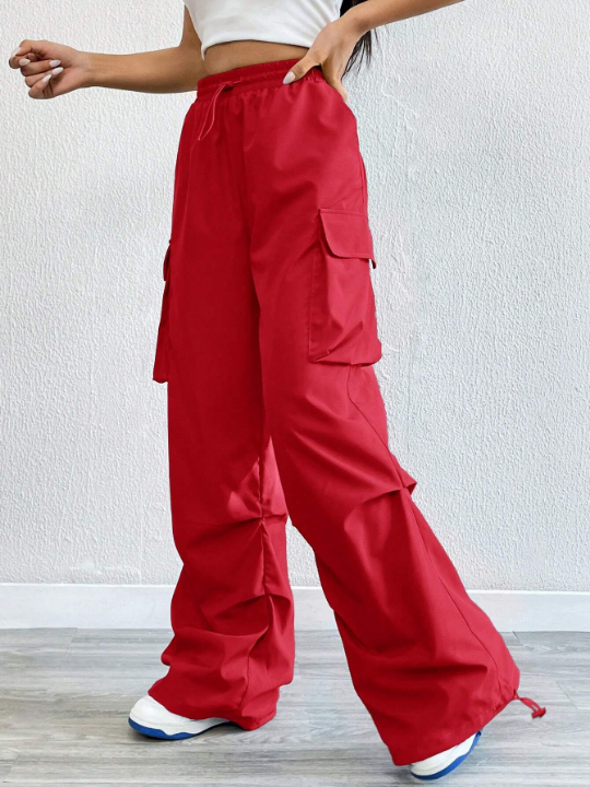 Coolane Red Flap Pocket Side Drawstring Waist Cargo Pants