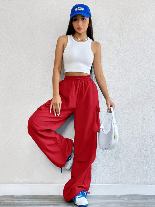 Coolane Red Flap Pocket Side Drawstring Waist Cargo Pants