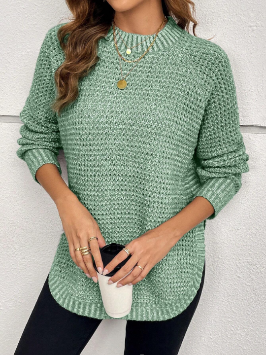 Solid Raglan Sleeve Curved Hem Sweater