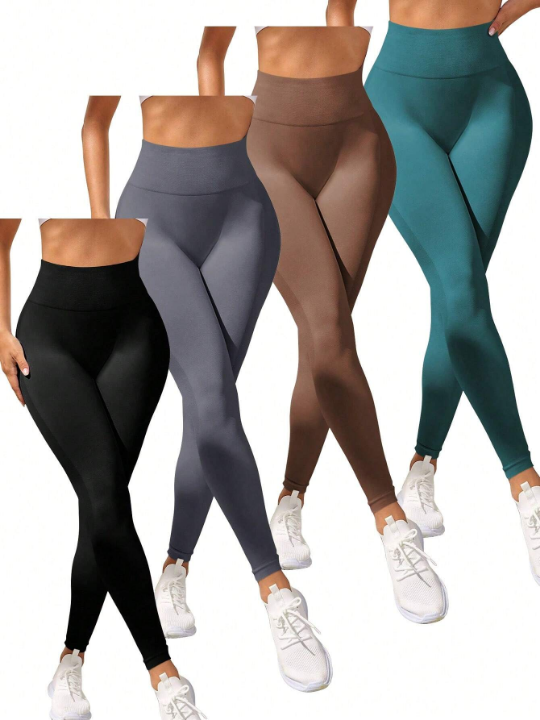 Yoga Basic 4pcs Solid Wideband Waist Sports Leggings