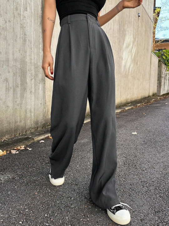 DAZY Solid High Waist Plicated Detail Wide Leg Pants