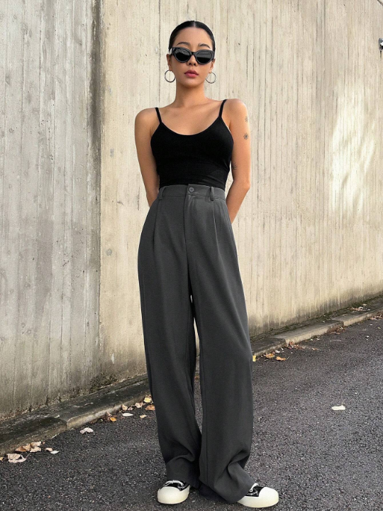 DAZY Solid High Waist Plicated Detail Wide Leg Pants