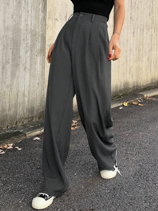 DAZY Solid High Waist Plicated Detail Wide Leg Pants