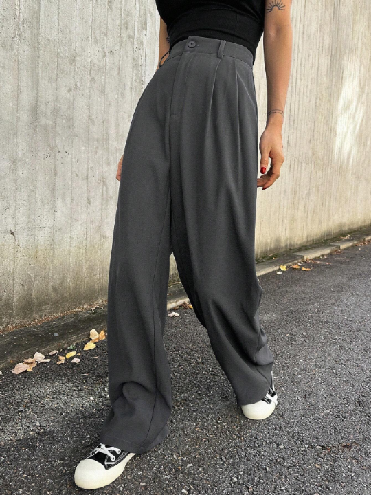 DAZY Solid High Waist Plicated Detail Wide Leg Pants