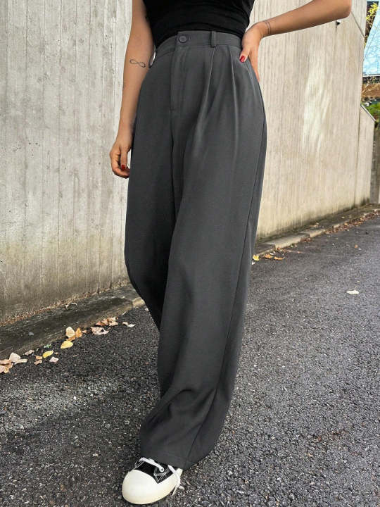 DAZY Solid High Waist Plicated Detail Wide Leg Pants