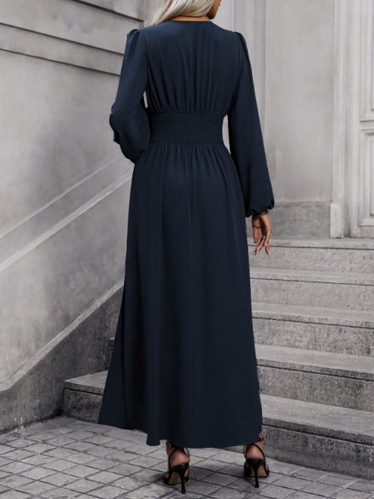 Lantern Sleeve Split Thigh Surplice Neck Ruched Waist Dress