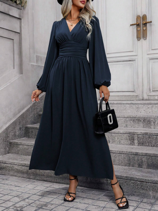 Lantern Sleeve Split Thigh Surplice Neck Ruched Waist Dress