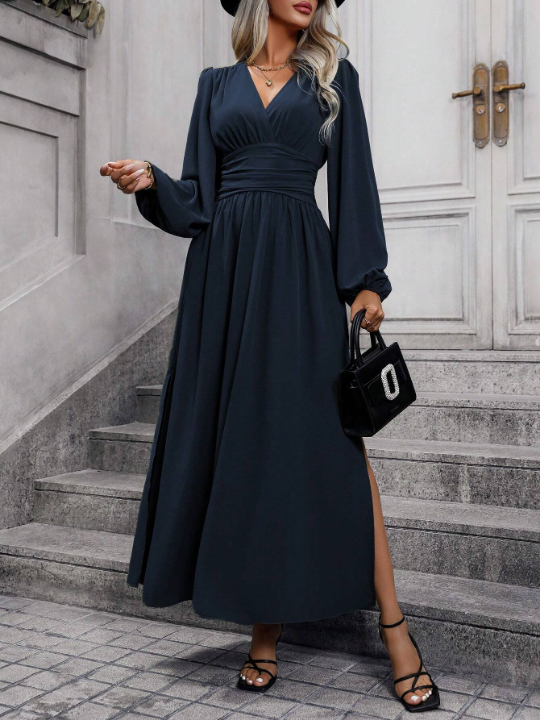 Lantern Sleeve Split Thigh Surplice Neck Ruched Waist Dress