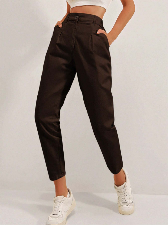 Frenchy Solid Fold Pleated Carrot Pants