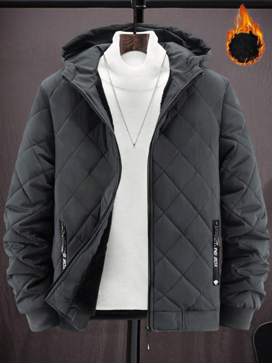 Manfinity Homme 1pc Loose Fit Men's Thermal Lined Quilted Coat With Hood And Zipper