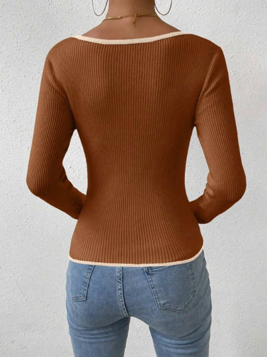 Essnce Contrast Binding Sweetheart Neck Ribbed Knit Sweater