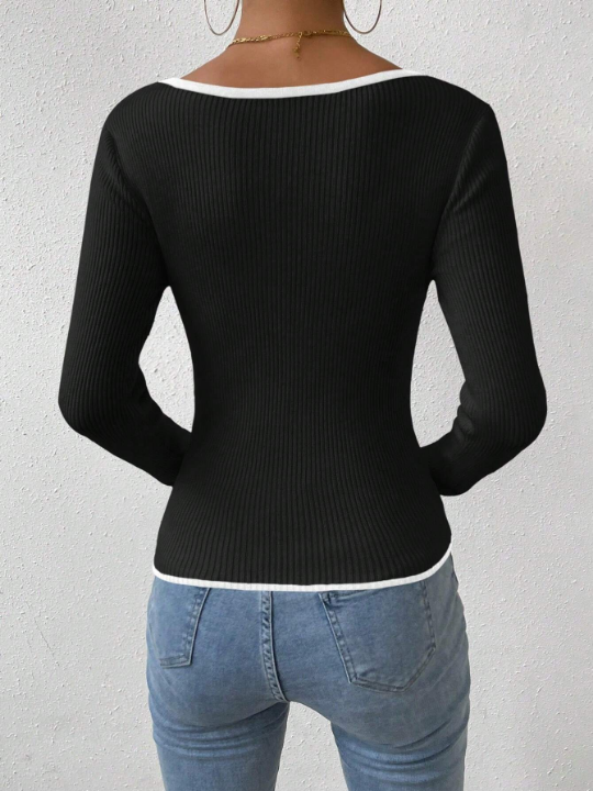 Essnce Contrast Binding Sweetheart Neck Sweater