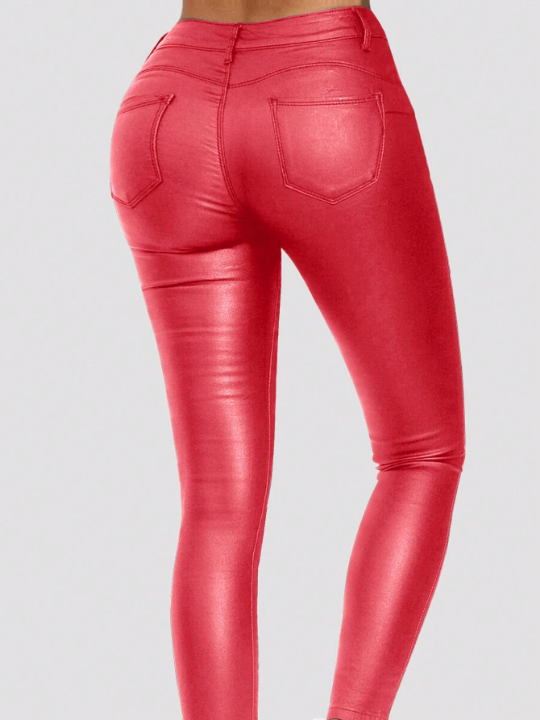 Apperloth A Rave Red High Waist Stretchy Multi-Pocket Thermal Lined Warm PU Leather Skinny Cropped Pants Daily Casual Comfort Tapered Trousers