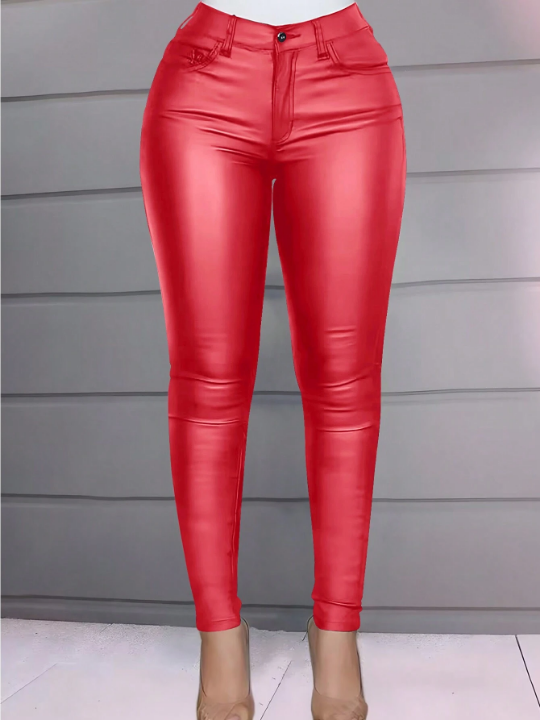 Apperloth A Rave Red High Waist Stretchy Multi-Pocket Thermal Lined Warm PU Leather Skinny Cropped Pants Daily Casual Comfort Tapered Trousers