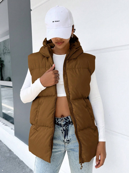 Frenchy Zip Up Hooded Vest Puffer Coat