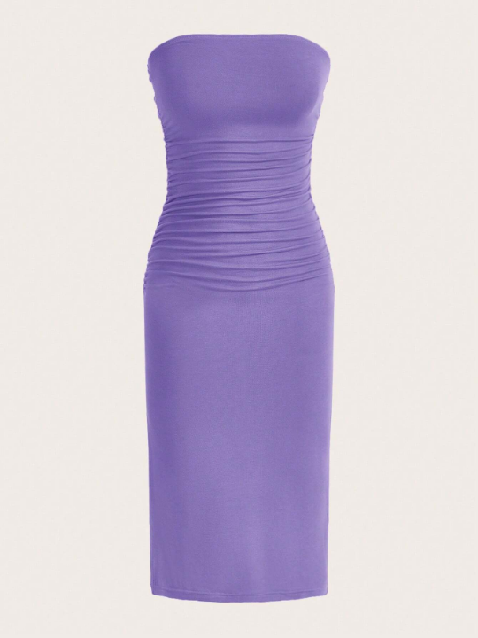 EZwear Split Thigh Ruched Side Tube Bodycon Dress