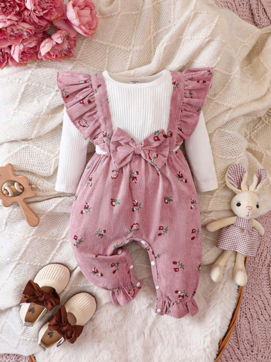 Baby Girls' Floral Pattern Lace Decor Bowknot Jumpsuit