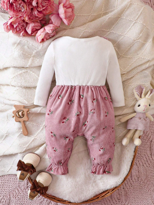 Baby Girls' Floral Pattern Lace Decor Bowknot Jumpsuit