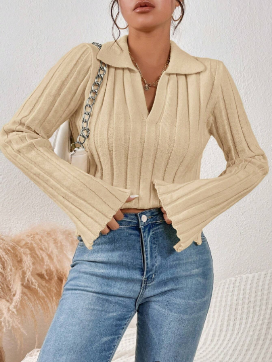 Essnce Solid Split Cuff Ribbed Knit Sweater