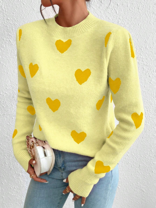 Heart Pattern Round Neck Sweater