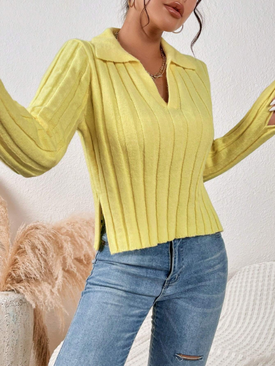 Essnce Solid Split Cuff Ribbed Knit Sweater