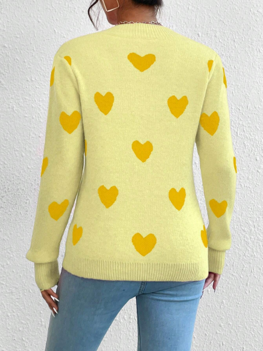 Heart Pattern Round Neck Sweater