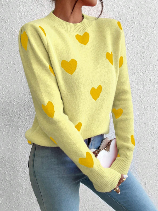 Heart Pattern Round Neck Sweater