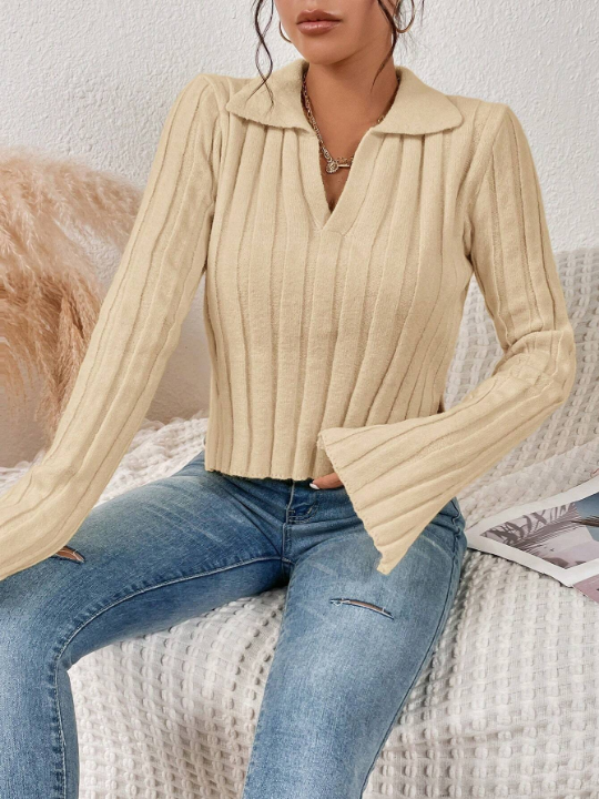 Essnce Solid Split Cuff Ribbed Knit Sweater