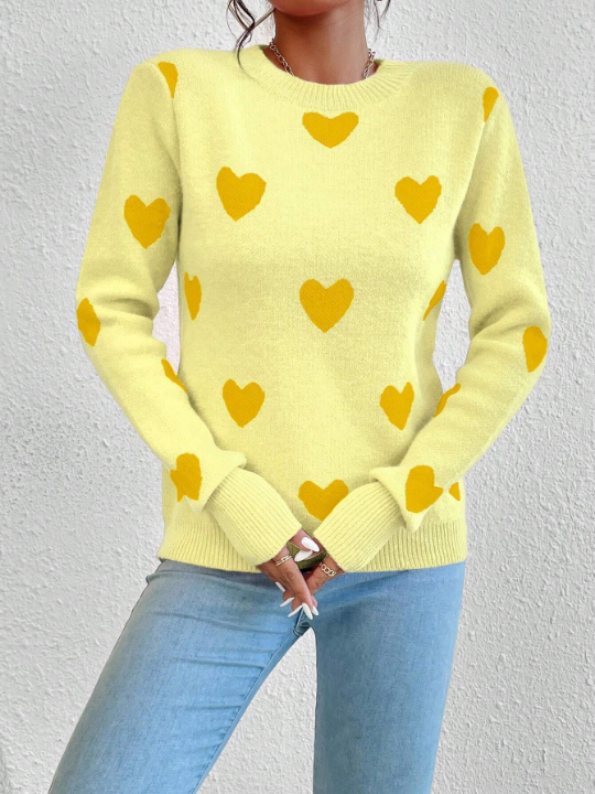 Heart Pattern Round Neck Sweater