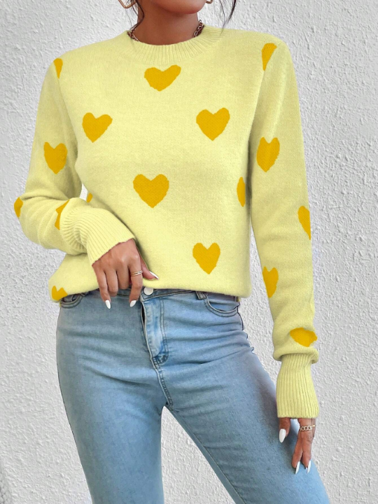 Heart Pattern Round Neck Sweater