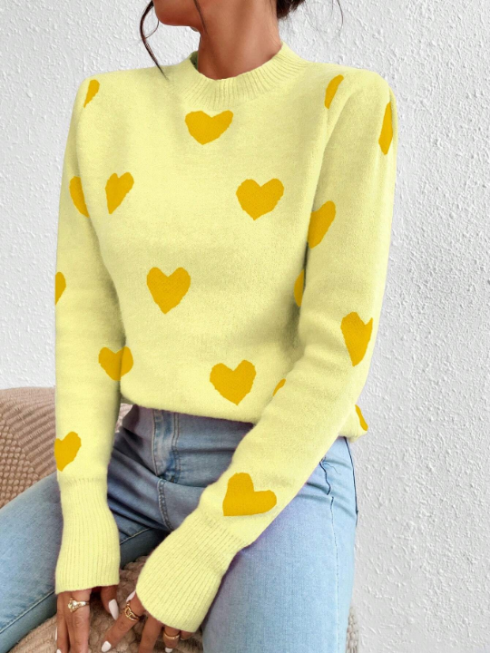 Heart Pattern Round Neck Sweater