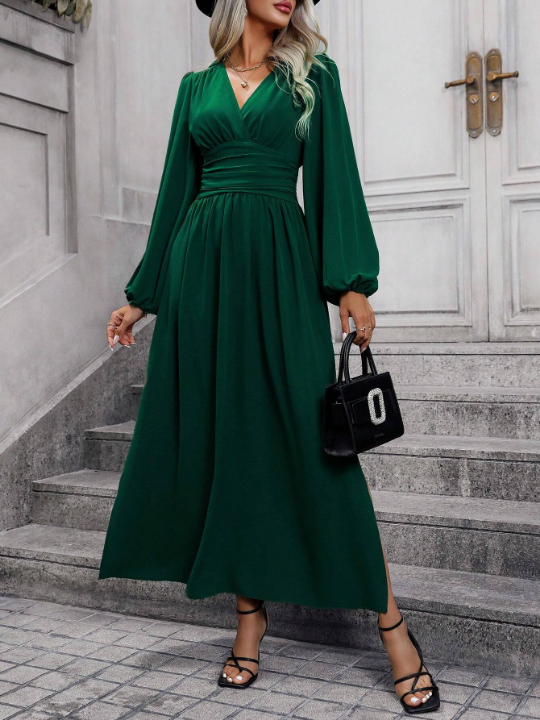 Lantern Sleeve Ruched Waist Split Thigh Dress