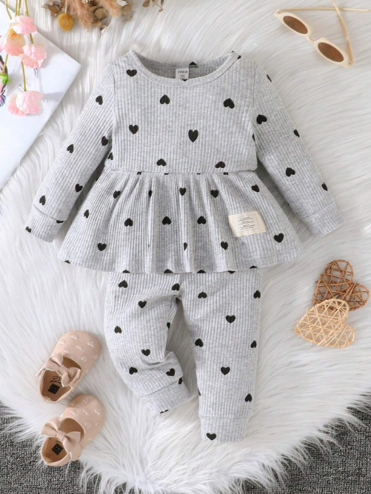 Baby Girl Heart Print Peplum Top & Pants