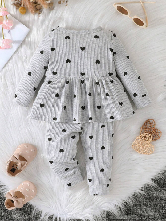 Baby Girl Heart Print Peplum Top & Pants