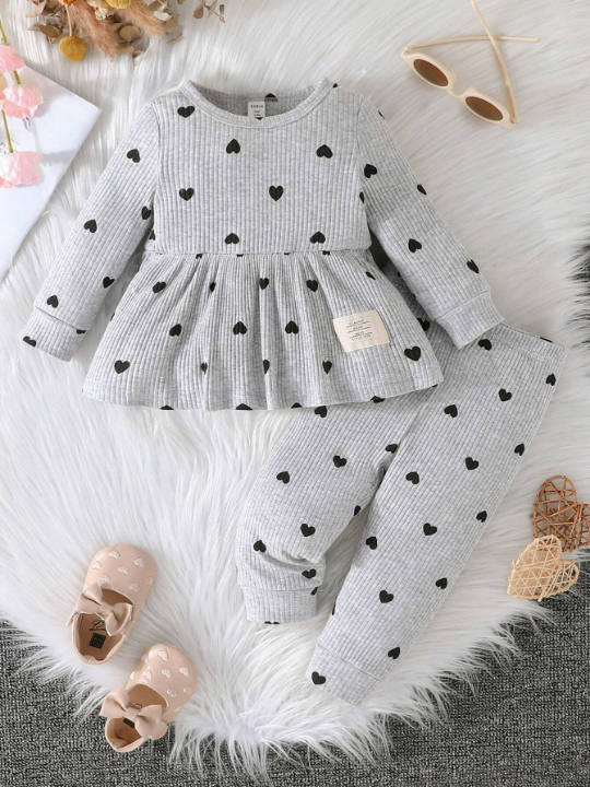 Baby Girl Heart Print Peplum Top & Pants