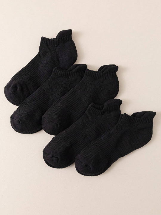 5pairs/set Men's Black Mesh Elasticated Top & Bottom, Thickened Sports Socks With Terry Cushioning On The Sole, Suitable For Daily Sport Use