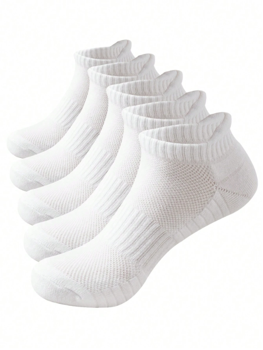5 Pairs/pack Men's White Mesh Waistband & Thick Cushion Bottom With Terry Sport Socks, Suitable For Daily Exercise