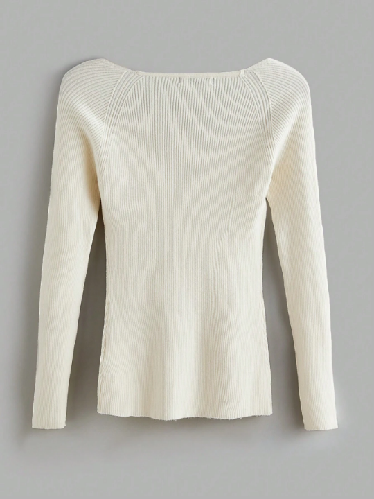 BASICS Sweetheart Neck Raglan Sleeve Ribbed Knit Sweater