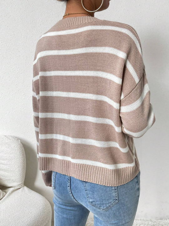 Essnce Striped Pattern Drop Shoulder Sweater