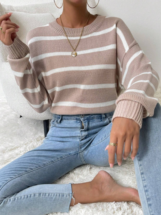 Essnce Striped Pattern Drop Shoulder Sweater