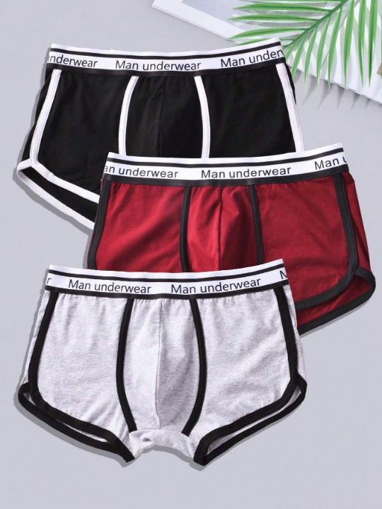 Men 3pcs Letter Graphic Contrast Binding Boxer Brief