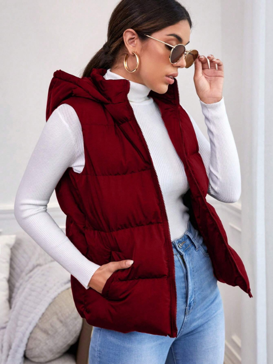 Frenchy Slant Pocket Hooded Puffer Vest Coat