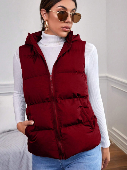 Frenchy Slant Pocket Hooded Puffer Vest Coat