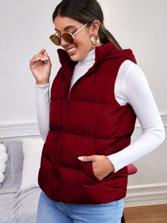 Frenchy Slant Pocket Hooded Puffer Vest Coat