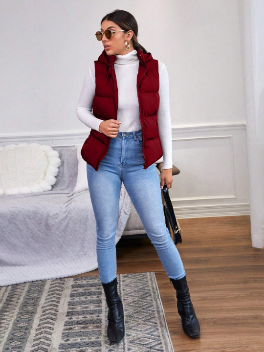 Frenchy Slant Pocket Hooded Puffer Vest Coat