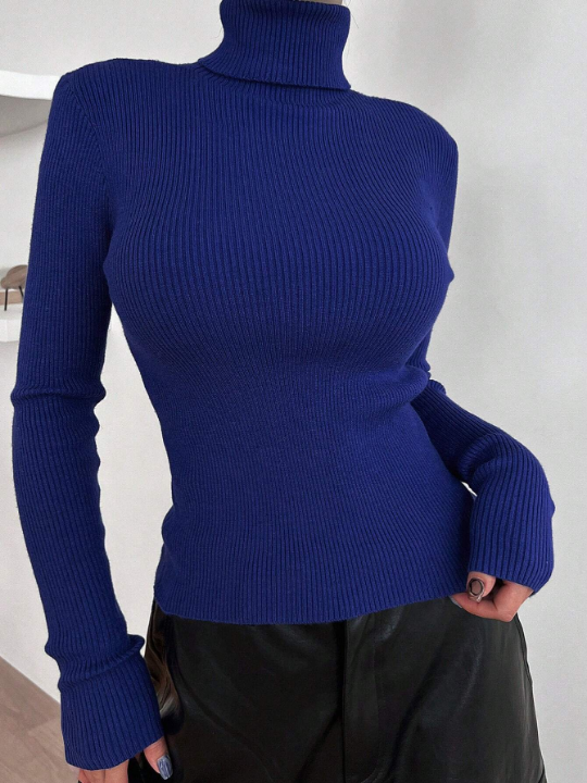 DAZY Solid Turtleneck Ribbed Knit Sweater