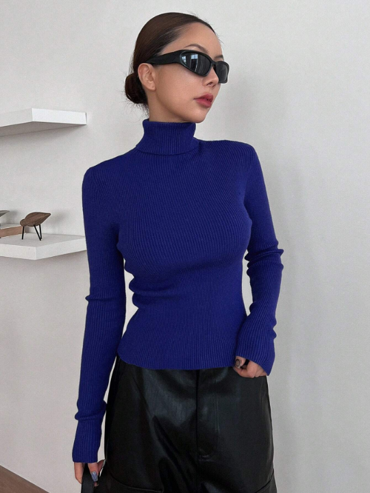 DAZY Solid Turtleneck Ribbed Knit Sweater