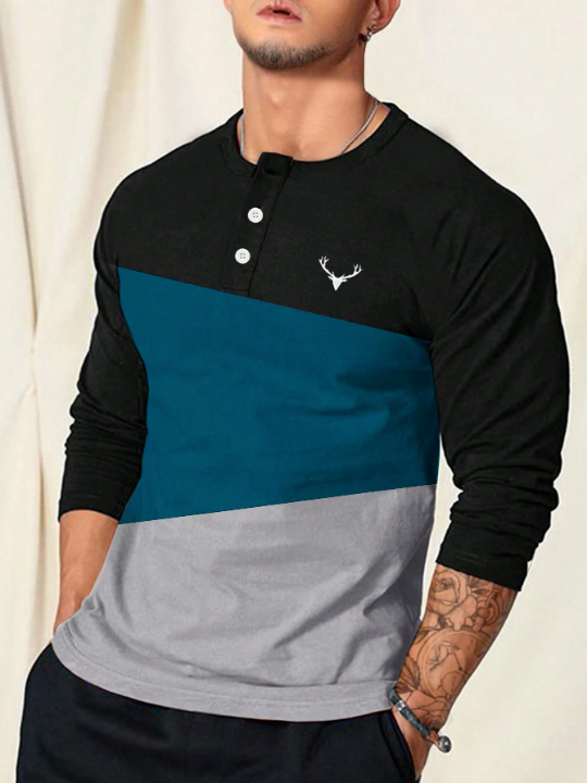 Manfinity Homme Men Color Block Antler Embroidery Button Front Tee